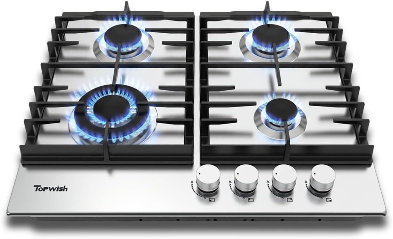 61flu8RJvAL._AC_SL1500_ 24 Inch Gas Cooktop, 4 Burners 27,400 BTU Built-in Gas Stove Topts | NG/LPG Convertible Stainless Steel Drop-in Propane Cooktop with Thermocouple Protection for Kitchen - Image 1