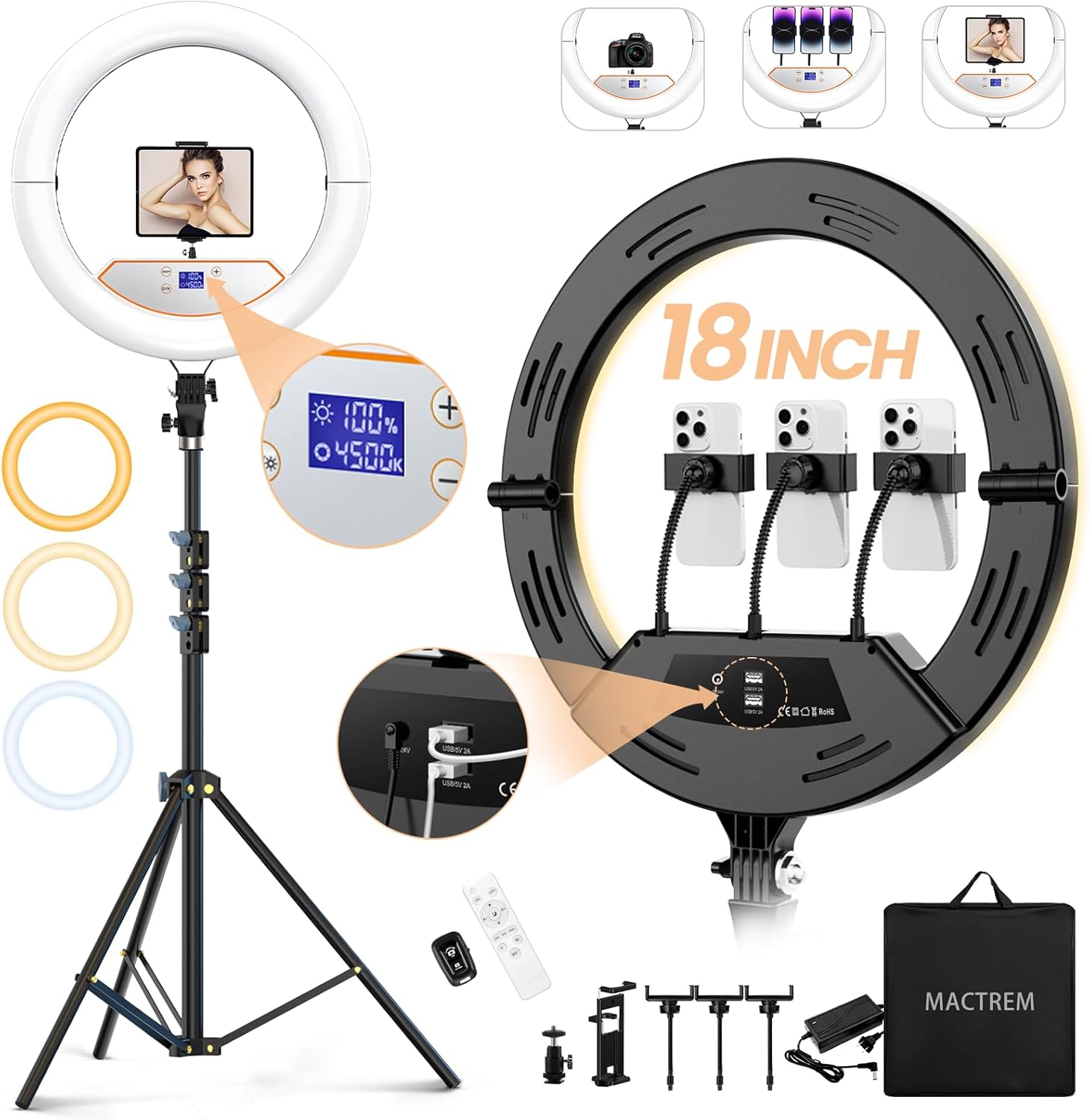 71YkX1rNoFL_AC_SL1500_ 18" Foldable Ring Light with Stand for iPhone ipad, LED Display/2 USB Ports/4 Phone Tablet Holders - Image 1